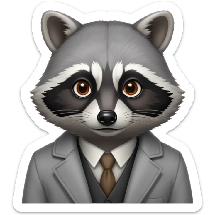 Cinematic-Noble-Raccoon-Portrait-Emoji – Poised and confident, with a sturdy build and a beautifully textured coat of silver-grey accented by dark black facial markings, deep-set, intelligent brown eyes, simplified yet sharp and sophisticated. sticker