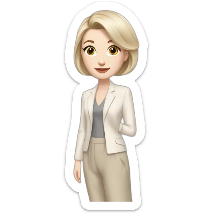 pale skin woman with ash blonde Straightened bob Hair, White Spacious classical jacket, beige palazzo Arrow pants and gray blouse holding a color palette in the hands sticker