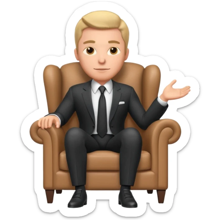 businessman sitting in an armchair, confident relaxed pose, formal suit and tie, professional corporate vibe, 3D cartoon style, mobile game icon style, clean background, no text, no watermark
 sticker