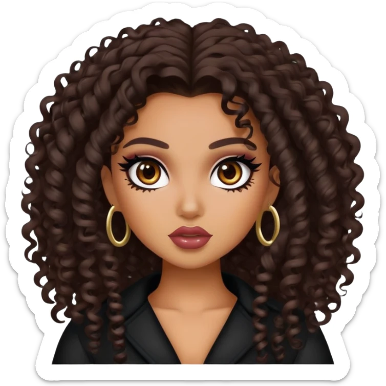 curly dark hair, dark brown eyes, pretty bratz baddie sticker