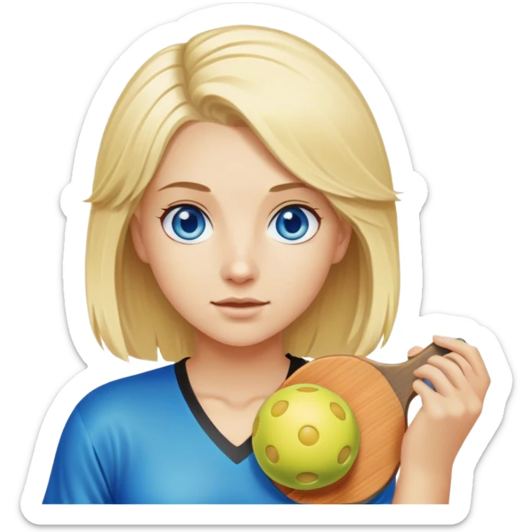 Blond girl with hair parted in the middle blue eyes holding a pickleball sticker