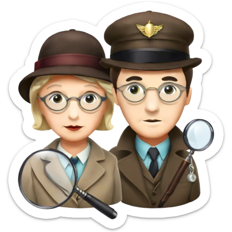 Icon for Detective Movies: A colorful collage with Sherlock Holmes, Miss Marple, and Pinkerton. Include magnifying glasses, clues, detective tools, a criminal and a policeman in the background. The design should evoke mystery and intrigue, with a classic detective movie feel. Transparent background. sticker