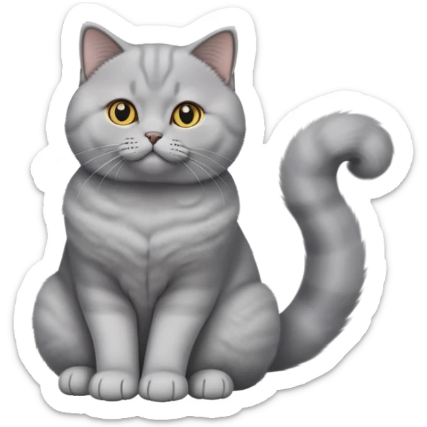 cinematic-[British shorthair cat]-realistic-full-body-sitting-emoji,-tail-curled-playfully-around-its-paws,-head-tilted-dramatically,-fluffy-[grey]-fur,-simplified-yet-hilariously-adorable-features,-highly-detailed,-glowing-with-an-almost-sarcastic-glow sticker