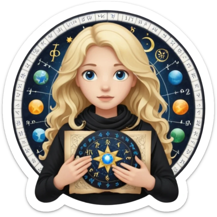 A long wavy haired blonde girl with blue eyes, wearing black, with a scarf on, holding astrology natal chart paper   sticker