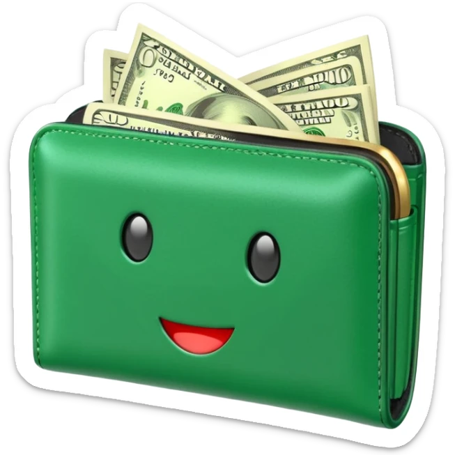Rich emoji style greenleather wallet with dollar bills, luxury money vibe, premium 3D emoji, ultra clean, high detail, no background sticker