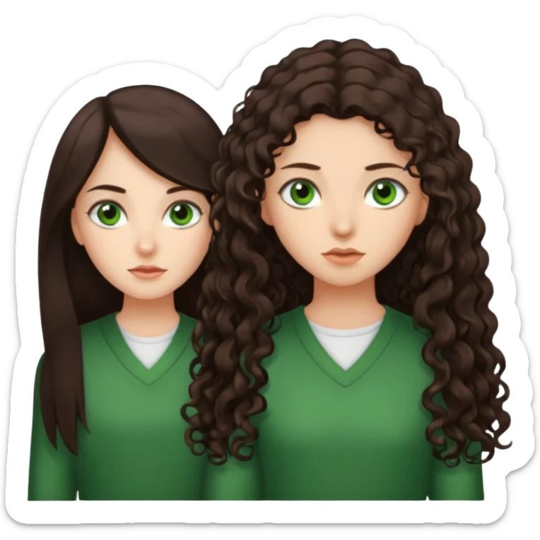 Two scornful girls, 1: long ironed straight darkbrown hair, green eyes, 2: long curly darkbrown hair, brown eyes sticker