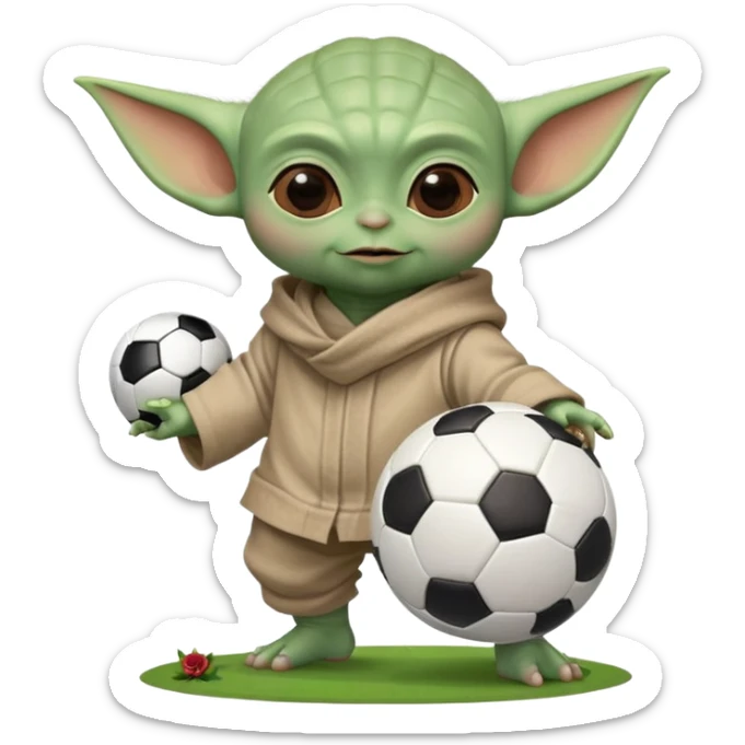 baby Yoda kicking a soccer ball with small roses beside him sticker
