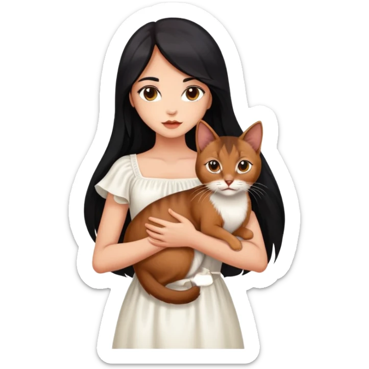 beautiful girl with long black hair wearing a white dress holding an Abyssinian cat with reddish-brown fur in her arms sticker