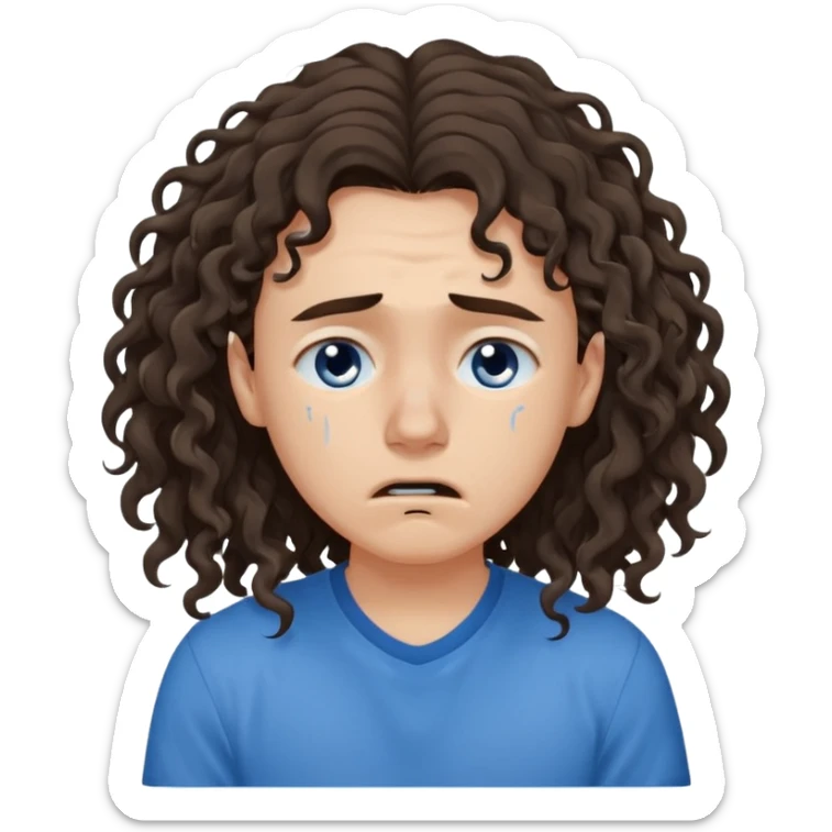 white young long dark brown CURLY hair, with a blue shirt, in despair crying, brown eyes, septum nose piercing sticker