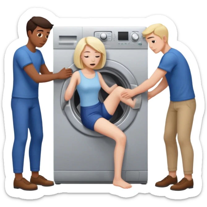 Eine Frau mit dem Kopf  in der Waschmaschine feststeckt und zwei Männer ziehen an ihren Beinen um ihr zu helfen  sticker