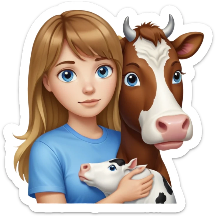 Woman with brown hair long and blonde highlights, bangs in front, blue eyes, white t shirt hugging a cow sticker