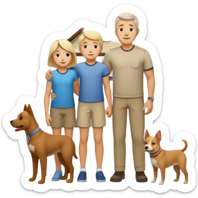 1 Father 1 Mother and 1 young boy who is half as tall as the parents, standing in front of their house with a dog next to them. Everyone should look VERY happy. There MUST be a house behind them with trees and plants sticker