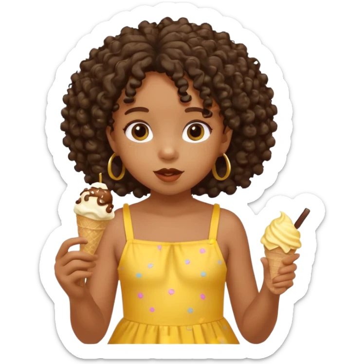 a little black girl kid with curly hair, yellow dress, eat ice cream sticker