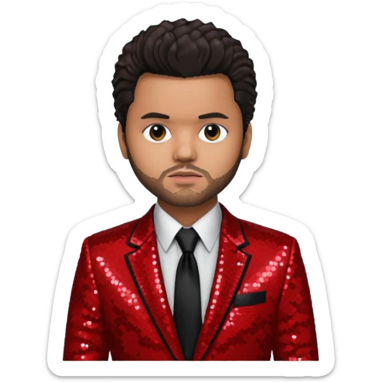 The Weeknd with dark brown hair, red sequin suit jacket, black shirt with tie sticker