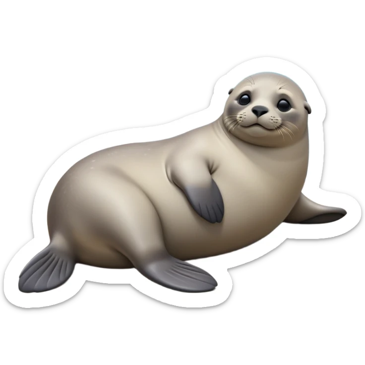 cinematic-seal-realistic-full-body-lounging-emoji,-plump-sleek-body-stretched-out-on-a-rocky-shoreline,-short-smooth-fur-glinting-in-the-sea-breeze,-flippers-tucked-comfortably-beneath-its-body,-large-dark-eyes-filled-with-playful-curiosity,-whiskered-muzzle-lifted-slightly-as-if-smiling,-simplified-yet-realistic-focused-features,-highly-detailed,-glowing-with-a-refreshing-marine-radiance sticker