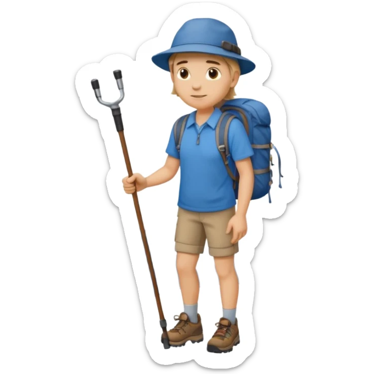 a full-body hiker with a hat blue shirt and hiking stick.hiking a mountain sticker