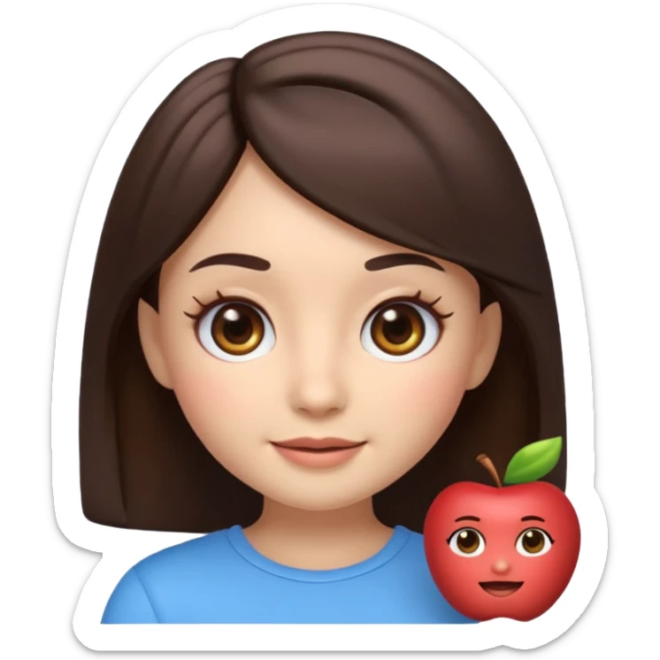 3D emoji sticker of a cute girl, Apple Memoji style, dark brown hair, brown eyes, long eyelash extensions, soft facial features, clean white background, smooth lighting, high quality, cute and friendly expression sticker