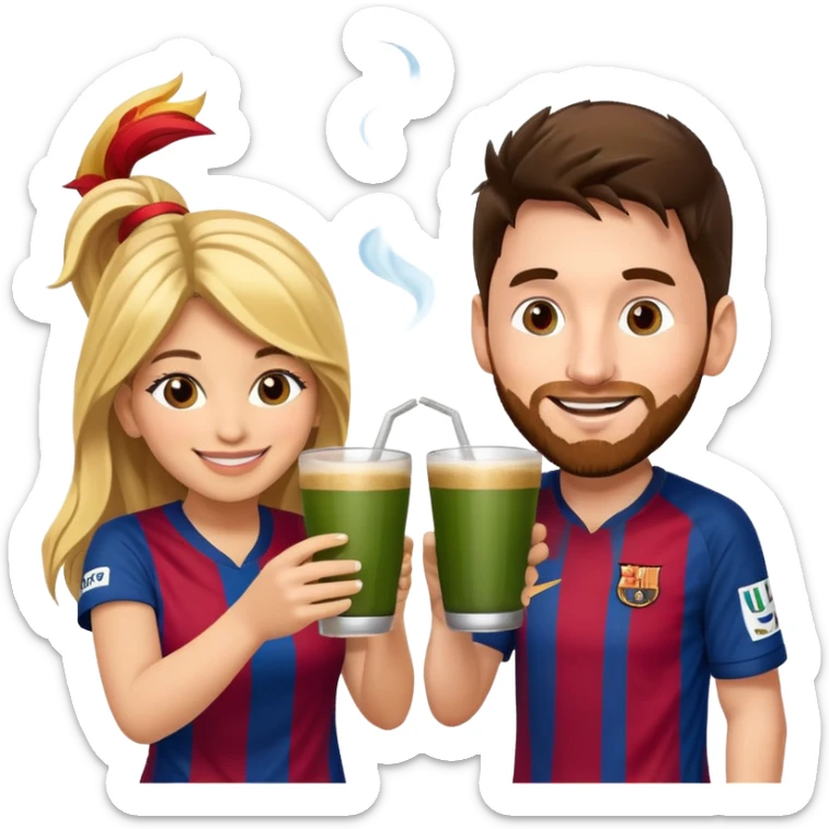 emoji-style illustration of Lionel Messi and Shakira smiling at each other, both holding traditional yerba mate cups, about to make a cheerful toast, friendly, happy, expressive cartoon faces, bright colors, fun vibe sticker