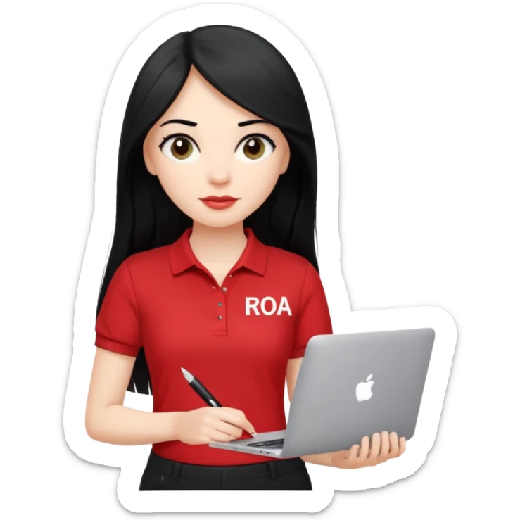 Gere um emoj estilo IOS de uma garota branca, de longos cabelos pretos vestida com um uniforme composto por uma camiseta estilo gola polo vermelha com um detalhe escrito em branco a palavra "RODA" e uma calca preta. Ela deve segurar em uma das maos um mackbook e na outra uma caneta sticker