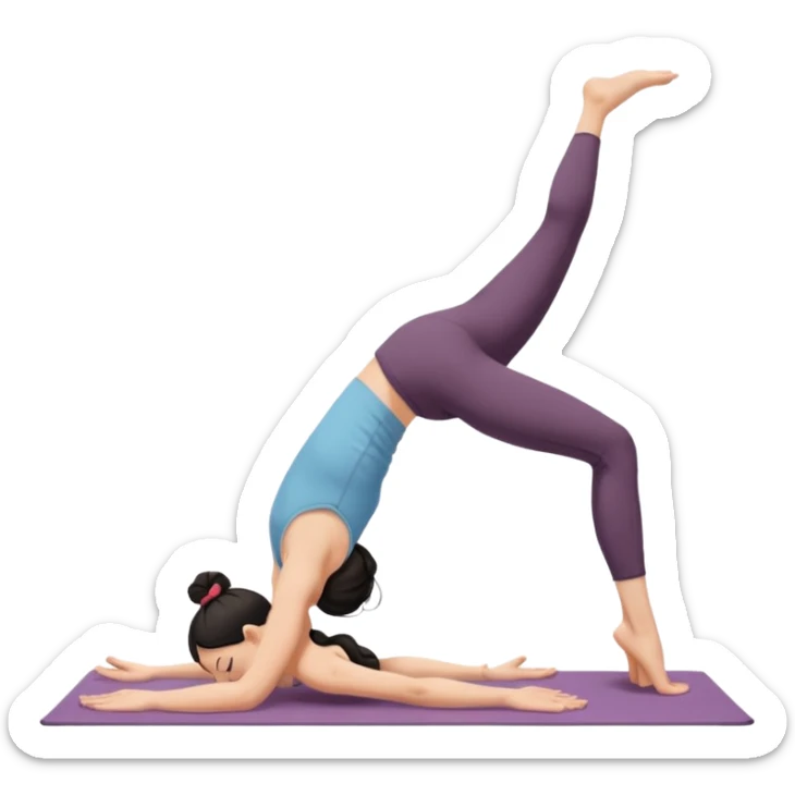 white girl with black long hair in a messy bun doing yoga position - downward facing dog sticker