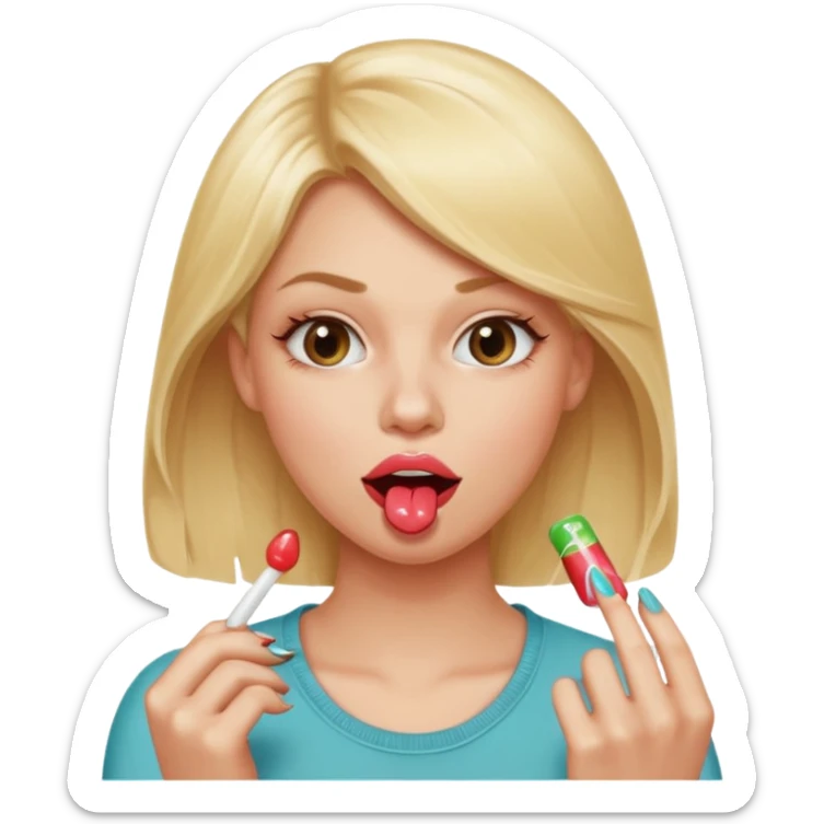 Elle fais une peu petasse, elle se mord le coin la lèvres. Elle est blonde. Ongles vernis marrons. Elle mâche un chewing-gum  sticker