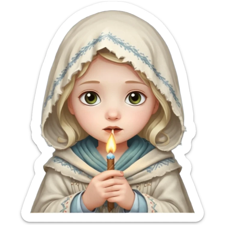 A small girl in a worn winter dress and shawl, holding a glowing matchstick close to her face, eyes wide with soft hope.
 sticker