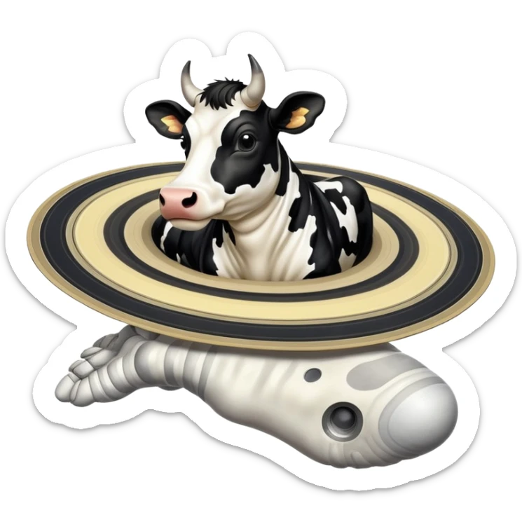 A black and white spotted cow head on top of the planet Saturn with its rings, and enormous human feet wearing shoes supporting the whole structure sticker