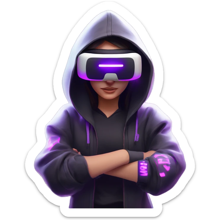 Russian girl wearing black hoody with violet letters "OMG", in vr headset oculus quest2. Standing like jedi. Cyberpunk style. Violet neon. sticker