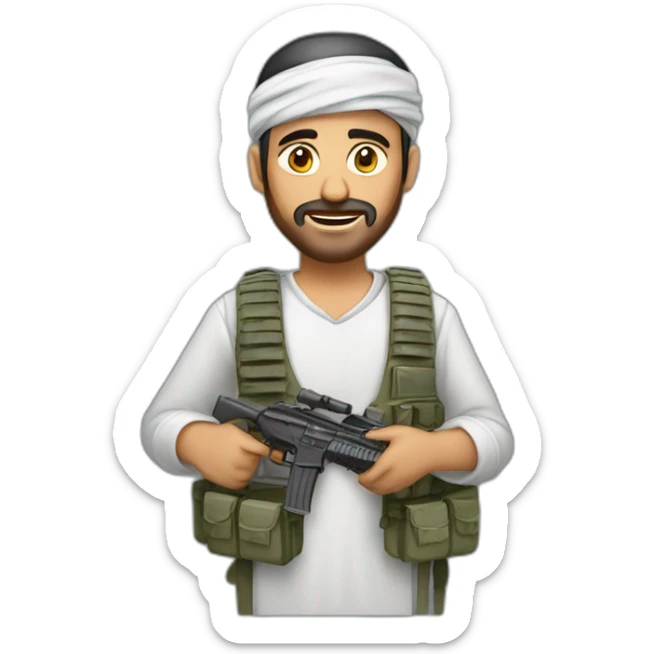 arab man wearing a keffiyeh and a plate carrier with lots of wires and a small timer sticker