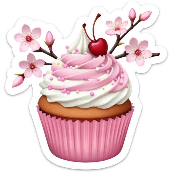Cupcake with white frosting and pastel pink sprinkles，Cherry blossoms sticker