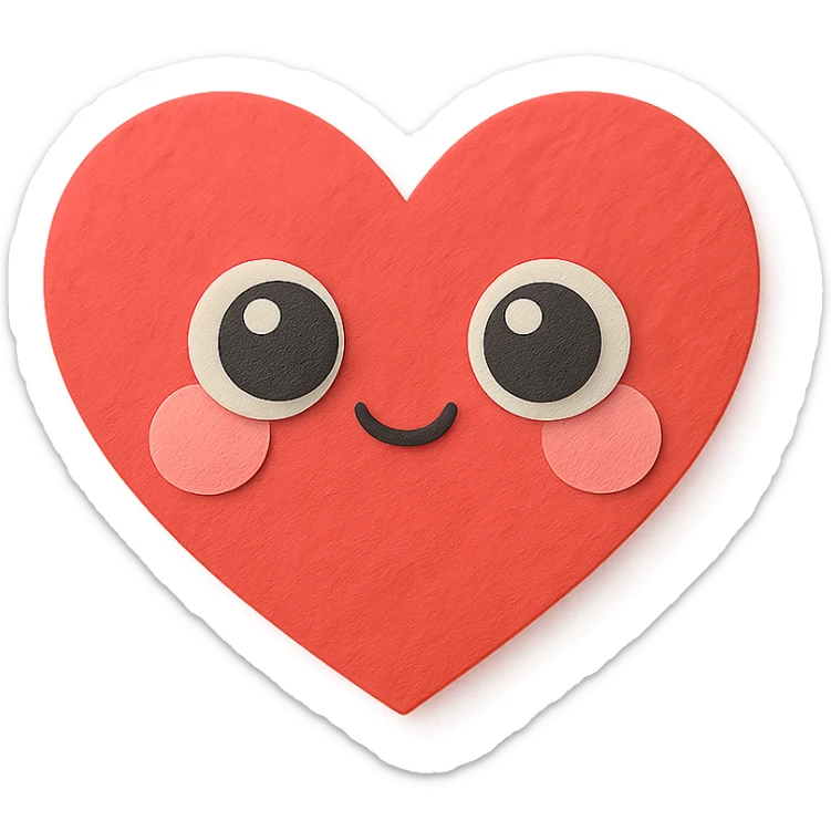 kawaii blushing red heart with big shiny eyes, no arms, no legs, full body, soft pastel kawaii paper craft style sticker