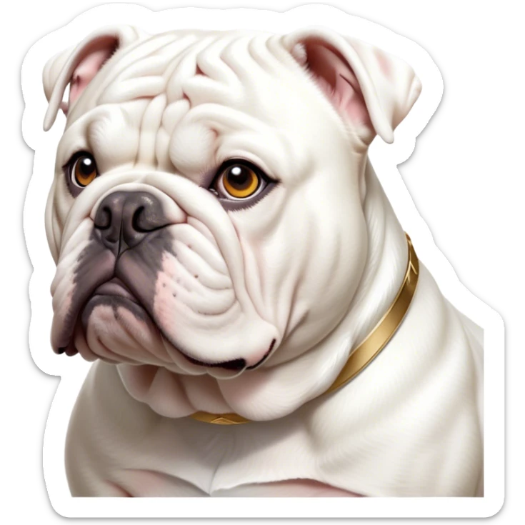 Cinematic Noble White English Bulldog Portrait Emoji, Poised and regal, with a sturdy, muscular build and a pristine, well-groomed pure white coat, deep-set soulful brown eyes, Simplified yet sharp and sophisticated features, highly detailed, glowing with a soft, dignified glow, high shine, intelligent and resolute, stylized with an air of authority, focused and attentive, soft glowing outline, capturing the essence of a watchful and confident guardian, so majestic it feels as though it could lumber out of the screen with effortless authority! sticker
