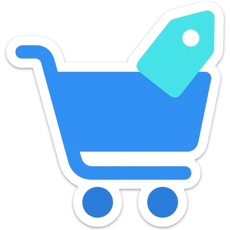 Shopping cart with a price tag, flat emoji style, outline with blue and turquoise colors sticker