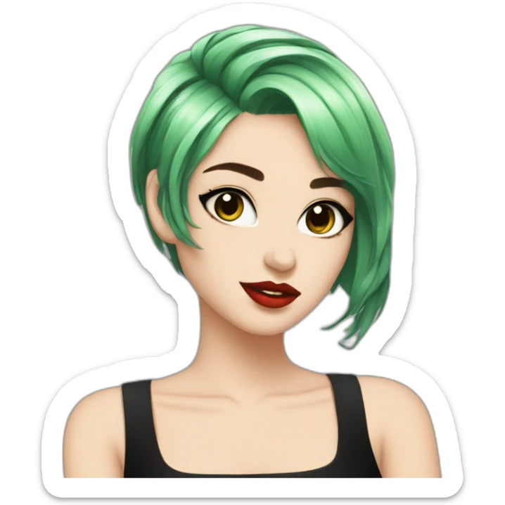 green hair, black outfit, white girl, red lips, portrait, e girl, short hair, black dress sticker
