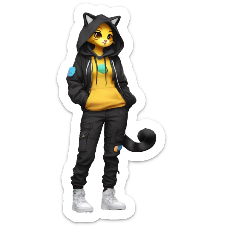 Edgy Anthro cool shy colorful urban beautiful pretty anime dark cat-Pokémon-fursona techwear cargo pants hoodie sticker