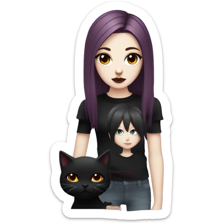 Pale girl with black eyeshadow and burgundy colored hair with an emo haircut that’s long and layered holding a black cat sticker