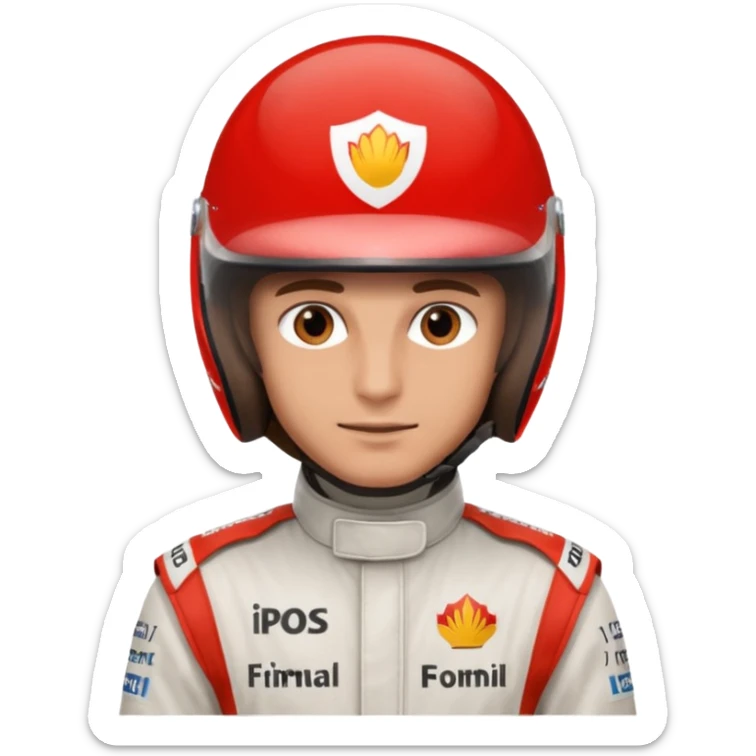 Man, brown eyes, brown silky hair, lightly tanned, wearing a formula one outfit sticker