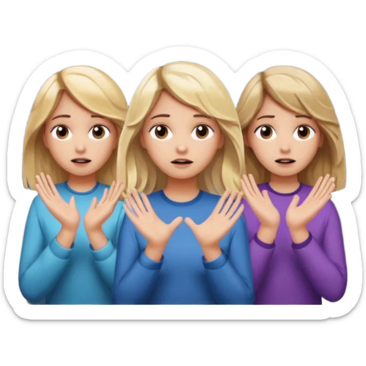 3 girls : one with wavy blond middle length hair, one with long straight long hair, one with dark blond middle length hair,  the girl in the center is puzzled with her hands to her head, question marks on the background sticker