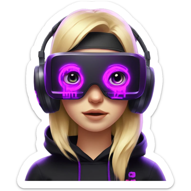 Russian cute blond girl wearing black hoody with violet letters "OMG", in vr headset. Cyberpunk style. Violet neon. sticker