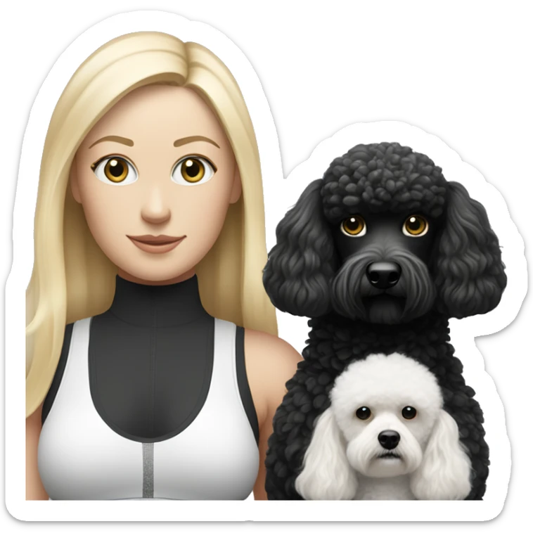 white woman with long blonde hair and cat shaped eyes wearing a yoga outfit standing alongside a black and white poodle sticker