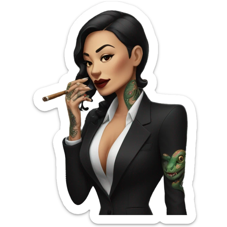 A mafia boss with a snake tattoo on the right side of her face, in a black suit and with a cigar in her mouth sticker