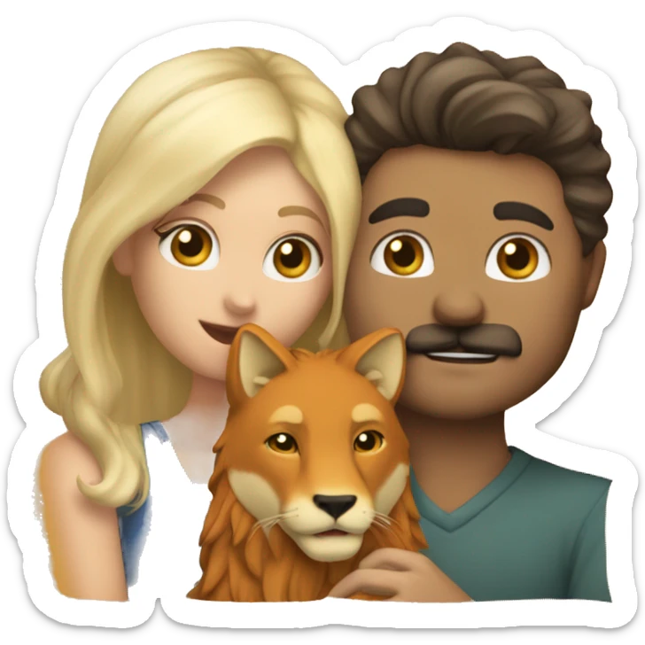 One blonde guy with mustache and one blonde gal kissing and holding hands with a lion and a fox sitting with them sticker