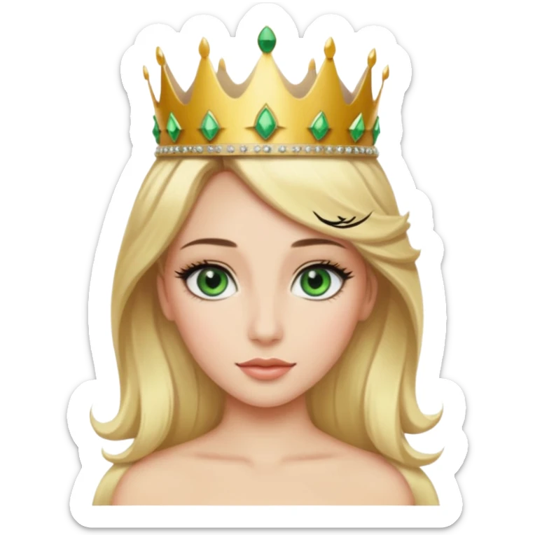 Emoji d’une femme blonde aux yeux en amande vert avec de long cils noir et une couronne avec écrit Princesse Elite sticker