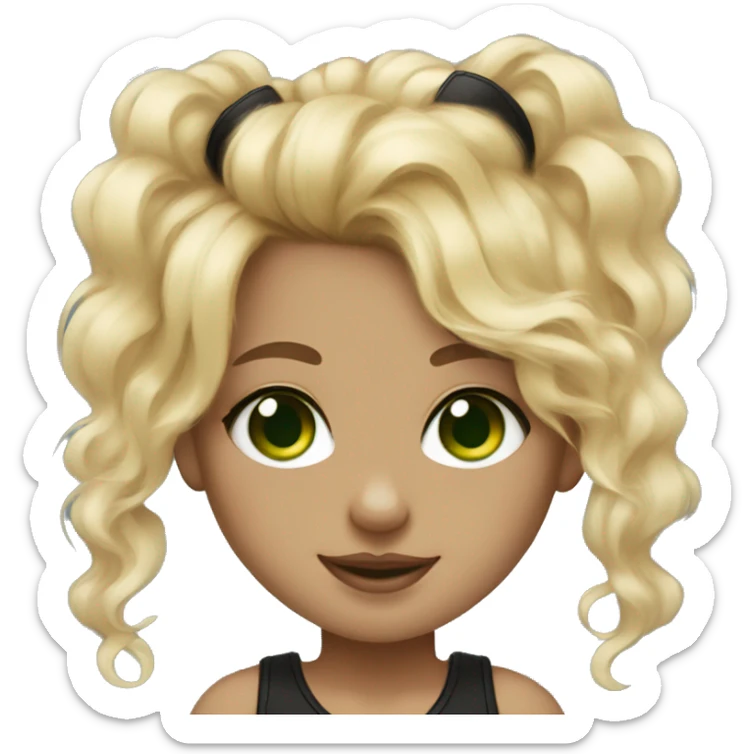 Girl with curly and blonde hair, with green eyes, two nose piercings with a black and white Pomerania  sticker