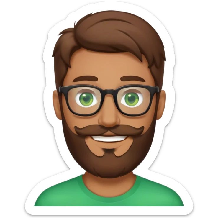 Superman with brown hair, a beard, and glasses on. Eyes are green. Happy face sticker