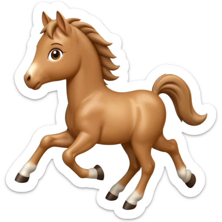 3D Apple-style emoji of a running foal. Small young horse with light brown body, short mane, big eyes, rounded and glossy, smooth shading, white background.

 sticker