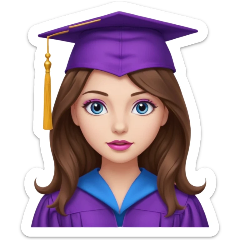 girl with long wavy brown hair, blue eyes, long lashes makeup, sexy pink lips, wearing a purple graduation cap and gown sticker