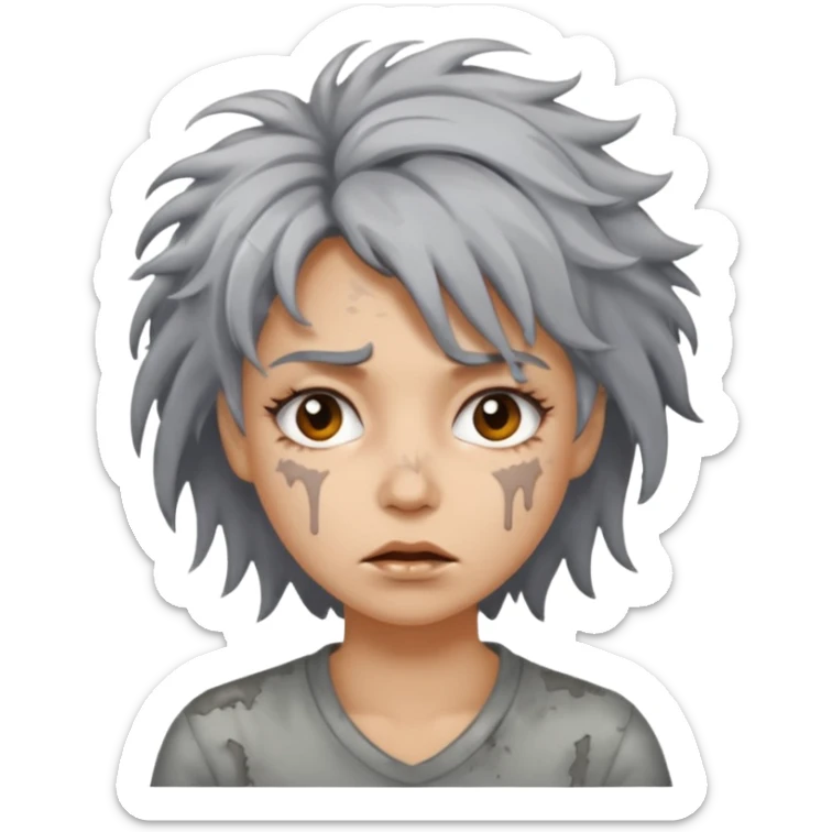 very dirty looking homeless woman very very dirty and smelly looking face only, not old with stains everywhere and messy hair and lots of stains on face ugly, stains grey  sticker
