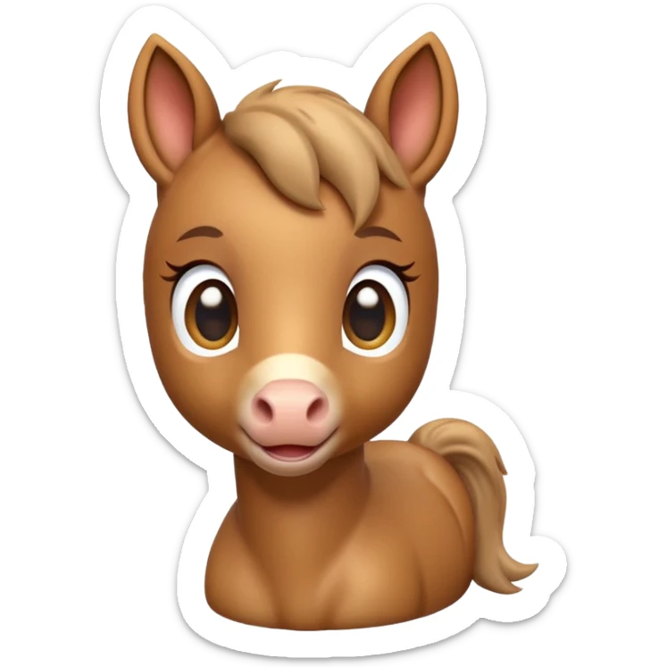3D Apple-style emoji of a cute foal (young horse). Small body, big eyes, short mane, light brown color, rounded and glossy, smooth shading, white background.
 sticker