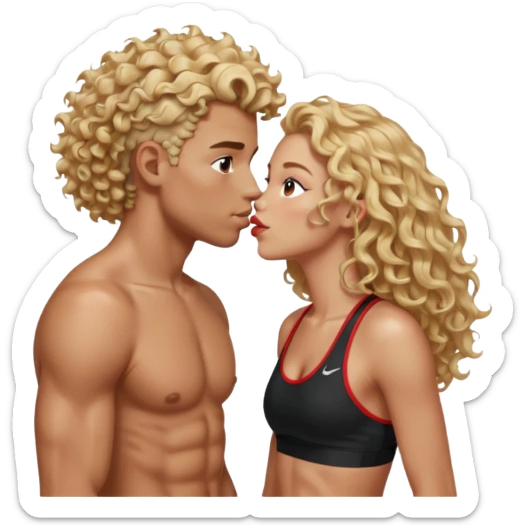 athletic man, high top fade, blonde curly hair only top only, no shirt and Athletic girl with long light red wavy long hair and black sports, Put them together kissing, or holding hands sticker